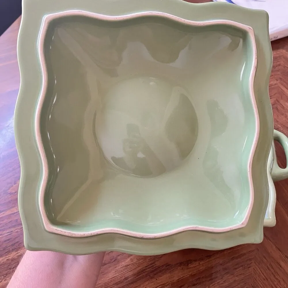 Pier 1 Talavera 2 Qt Stoneware With Lid Scalloped Sage Green Square
